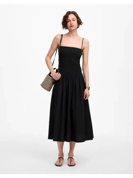 Madewell Black Smocked Bodice Midi Dress Spaghetti Straps - Picture 6 of 10